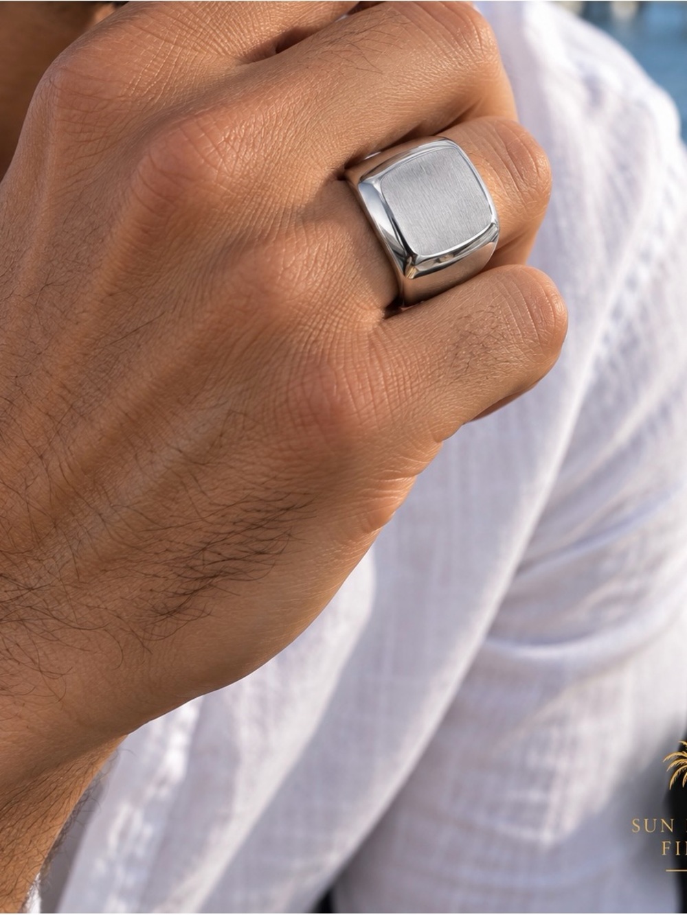 Men’s Size 11 Rhodium Plated Stainless Steel Brushed Square Signet Ring